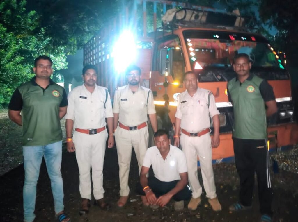 रात्रि गस्त में वन विभाग ने पकड़ी लकड़ी से भरी आयशर गाड़ी।