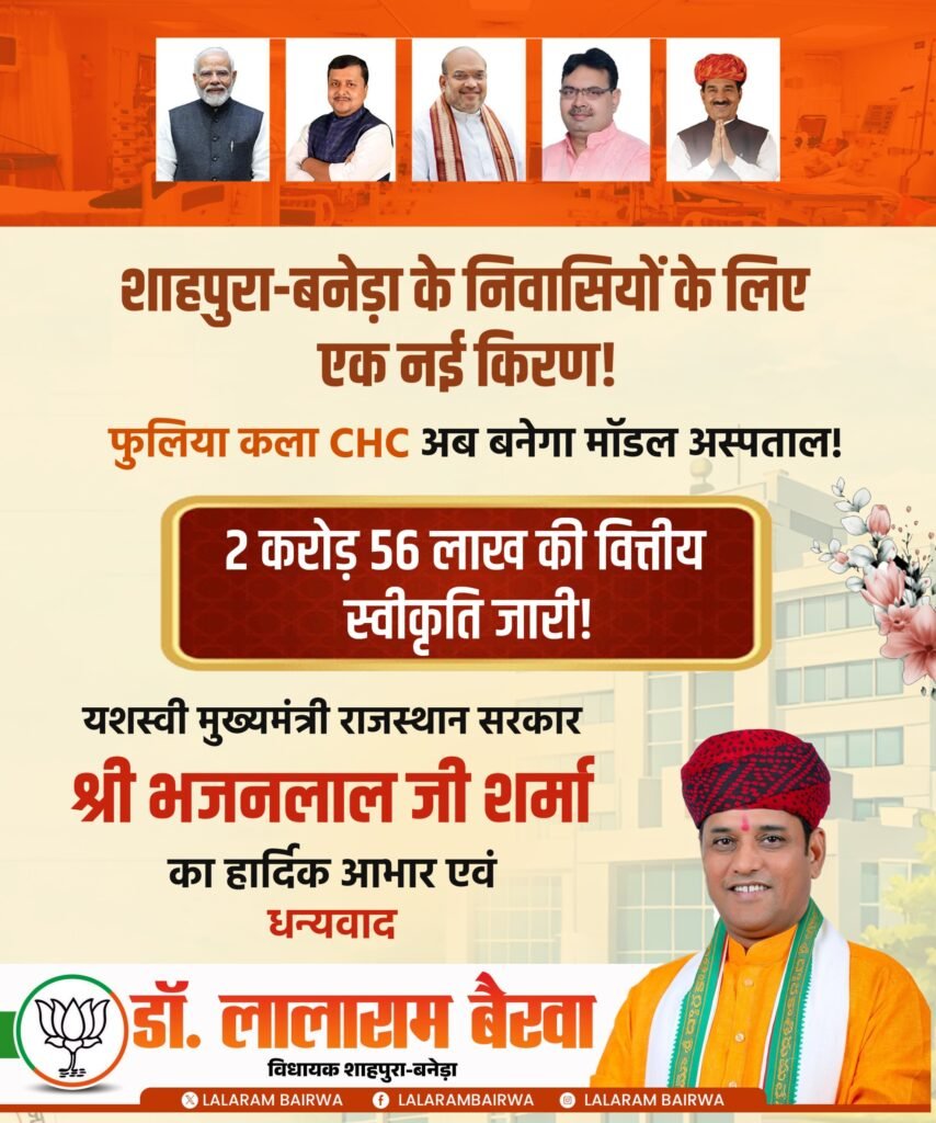 शाहपुरा-बनेड़ा क्षेत्र में स्वास्थ्य सेवाओं को मिलेगी मजबूती-फुलिया कला CHC बनेगा मॉडल अस्पताल – डॉ लालाराम बैरवा